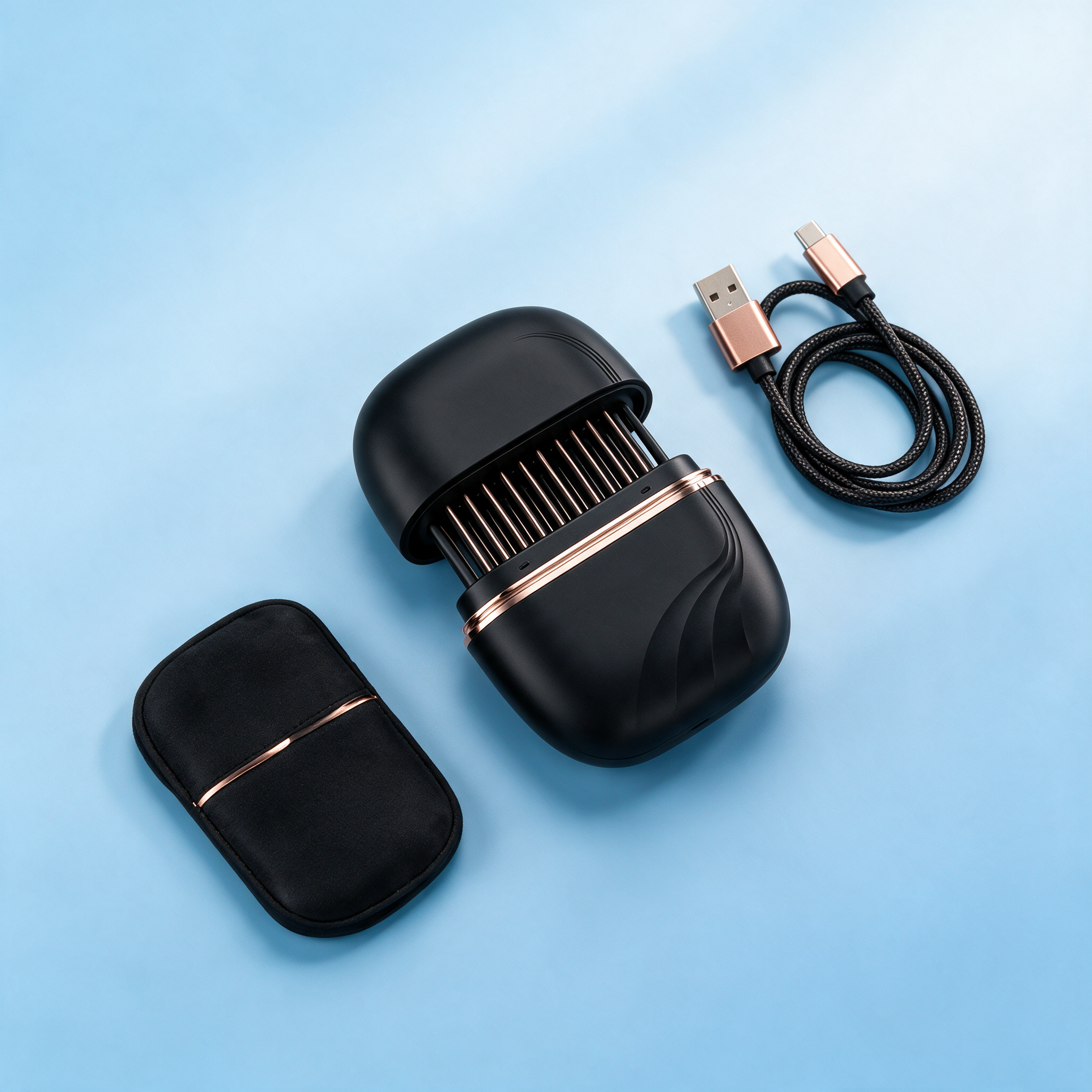 Mini Wireless Hair Straightening Comb - flat lay with pouch