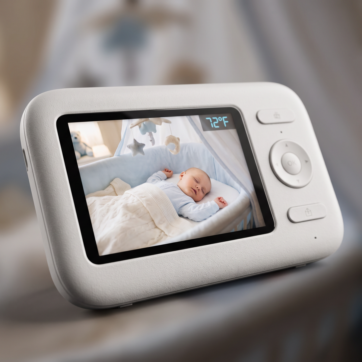 Close-up of baby monitor color display screen